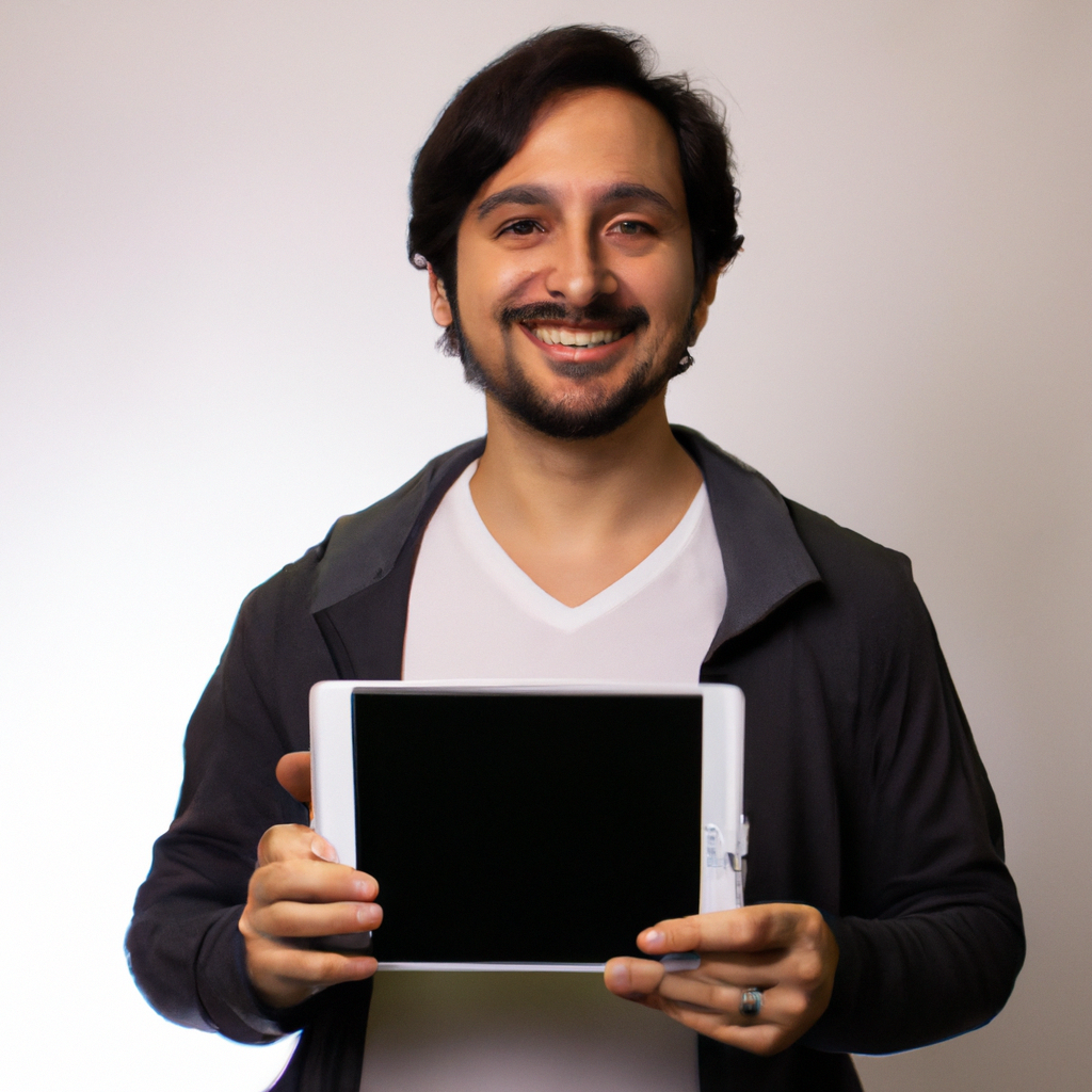 Retrato de productora en estudio con fondo blanco y tablet